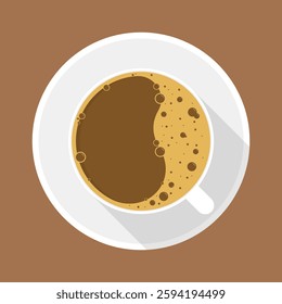 Flat style coffee icons set: top view of coffee cup with long shadow in vector art.