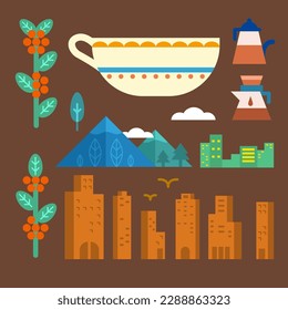 Flat style coffee lifestyle element set isolated on dark brown background. Including coffee plant, cup, pot, kettle, mountains, city skyline, and skyscrapers.