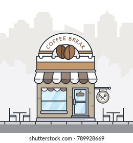 Flat style coffee shop building with background of silhouette city. Coffee shop store building in flat design. Coffee break shop illustration