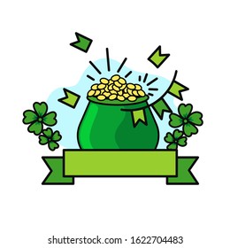 Flat Style Coins Pot with Shamrock Leaves and Blank Green Ribbon Given for your message on White Background for St. Patrick's Day.