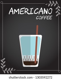 Flat style Cold Americano coffee Illustration in vector on black background with leaves vine frame.