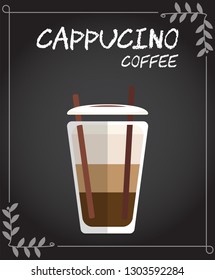 Flat style Cold Cappuccino coffee with milk foam and cinnamon powder Illustration in vector on black background with leaves vine frame.