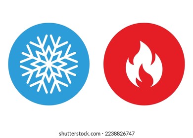 Icono de frío y calor de estilo plano. Ilustración del copo de nieve y del vector de fuego en el fondo aislado. Concepto de negocio de signos de temperatura