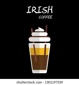 Flat style Cold Irish coffee with whipped cream and chocolate syrup Illustration in vector on square black background.