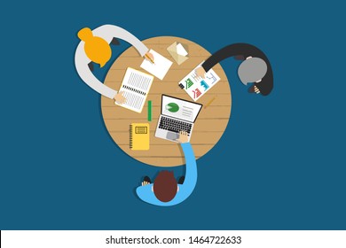 Flat style of colleagues overhead sitting at table with papers and gadget on blue backdrop