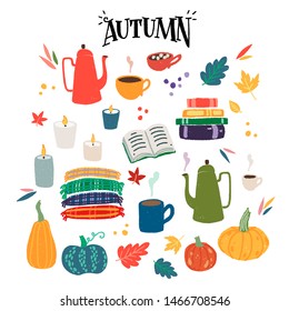 Flat style collection of cozy home items for autumn season. Set of cartoon hand drawn leaves, pumpkins, pots, burning candles, books, tartans and hot drinks in mug and cups for warm atmosphere. Vector