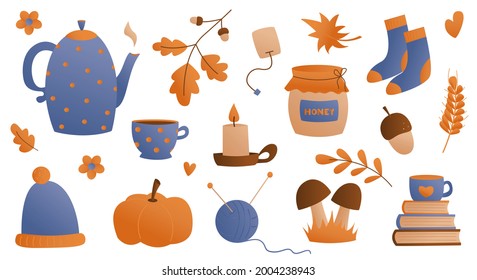 Flat style collection of cozy home items for autumn season. Leaves, pumpkin, hat, burning candles, books, kettle and hot drinks in a mug and cups for a warm atmosphere. Vector illustration.