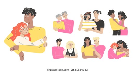 Flat Style Collection of Diverse Couples in Love, Interracial, LGBT, and Elderly Relationships