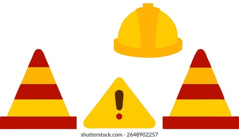 Coleção de estilo plano de ícones de perigo, incluindo triângulo de aviso, cones e capacete de construção. Usado em visuais de percepção de segurança.