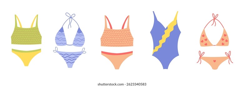 Coleção de maiôs de estilo plano de roupas de banho femininas em cores brilhantes. Variedade de biquíni e design de uma peça com detalhes bonitos.