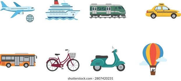 A flat style collection of transportation icons featuring various travel methods including air, land, and sea vehicles. Ideal for travel, logistics, mobility, and urban transportation concepts.