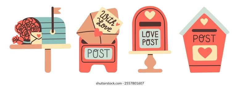 Flat style collection of Valentines Day mailboxes featuring love themed designs, roses, hearts, and envelopes. Perfect for holiday decorations, gift ideas, cards, and romantic themed projects.