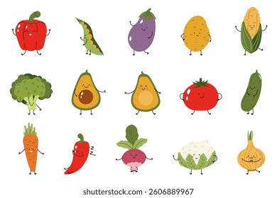 Flat style collection of various cute vegetables with happy faces and limbs, perfect for healthy eating themes, childrens designs, educational materials, and kitchen decor