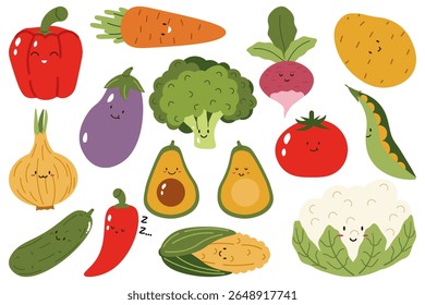 Flat style collection of various cute vegetables with happy faces and  perfect for healthy eating themes, childrens designs, educational materials, and kitchen decor