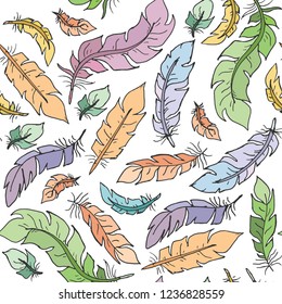 Flat style color bird feathers on light background seamless vector pattern. Decoration pastel elements on white background.