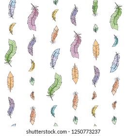 Flat style color bird feathers on light background seamless vector. Decoration pastel elements on white background.