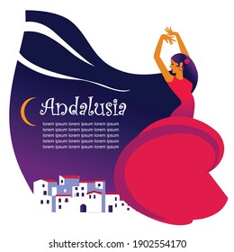 flat style color collage of Andalusia, flamenco dancing woman ,medieval traditional andalusian town. Vector illustration for poster, banner, background, festival, party and event