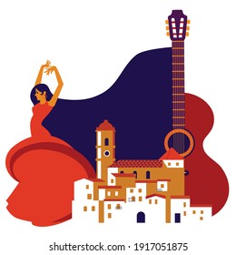 flat style color collage of Andalusia, flamenco dancing woman ,medieval traditional andalusian town. Vector illustration for poster, banner, background, festival, party and event