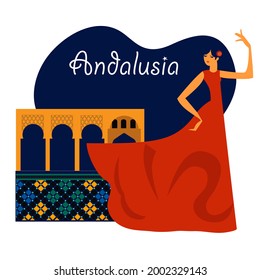 flat style color collage of Andalusia, flamenco dancing woman ,medieval traditional andalusian town. Vector illustration for poster, banner, background, festival, party and event