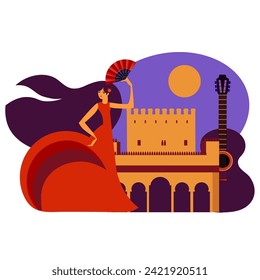 flat style color collage of Andalusia, flamenco dancing woman ,medieval traditional andalusian town. Vector illustration for poster, banner, background, festival, party and event