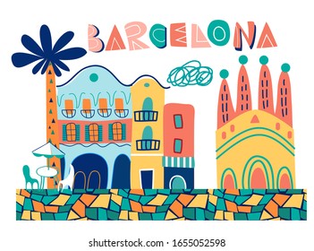 flat style color collage of Barcelona , Vector illustrations for poster, banner, background, festival, party and event