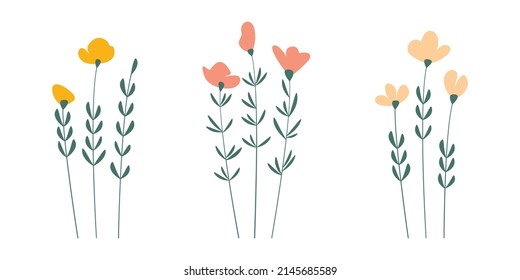 Flat style color flowers bunch set isolated on white. Minimal botanical vector illustration. Floral bundle, decor, ornament, design element for print, pattern or card.