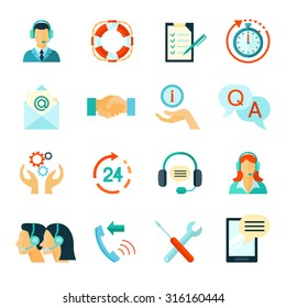 Flat style color icons collection of fast customer support and technical assistance isolated vector illustration