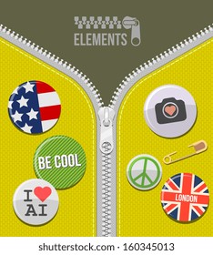 flat style color zipper background set with badge