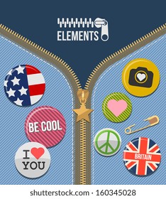 flat style color zipper background set with badge blue