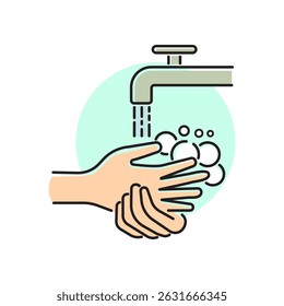 Flat style colored illustration of hands being washed with soap and water under a faucet. Ideal for health awareness, sanitation campaigns, and hygiene guides.