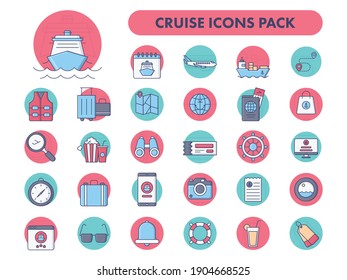 Flat Style Colorful Cruise Icon Set On White Background.
