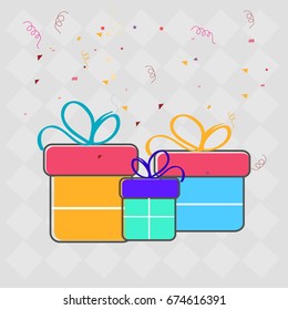 Flat style colorful gift boxes with falling confetti. Creative background for Party celebrations.