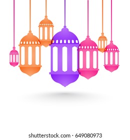 Flat style colorful lanterns hanging on white background for Ramadan Mubarak, Muslim Community Festival concept.