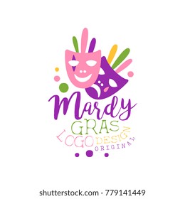 Flat style colorful logo template for Mardi Gras with hand drawn lettering and theater comedy and drama masks. Carnival theme. Vector on white