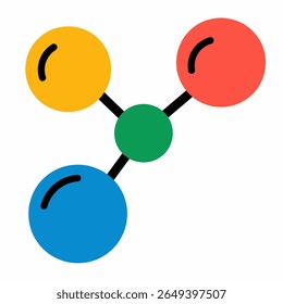 Flat style colorful molecule structure in red, yellow, blue, and green. Ideal for chemistry, biology, and educational science infographics.