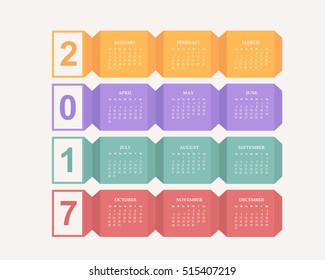 Flat Style Colorful Papers, 2017 Full Calendar Template - Promotion Poster Vector Design, Week Starts Sunday