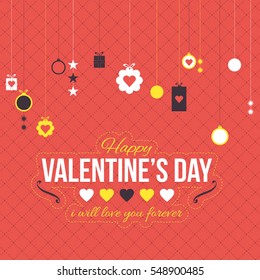 Flat Style Colorful Retro Postcard, Happy Valentine's Day Celebration Design. Greeting Card, Vector Colorful Hanging Heart Elements and Red Colors Background or Flyer, Poster