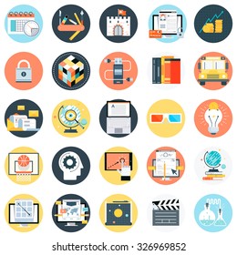 Flat style, colorful, vector icon set about education, business and creativity for info graphics, websites, mobile and print media.