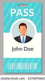  Flat style colorful vector illustration of an identity ID pass card, corporate plastic staff admission badge business events on grey background.
