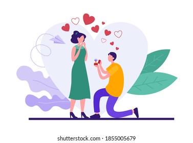 Flat style colorful vector illustration of romantic kneeling cartoon male character presenting gift box to happy girlfriend during Valentine day celebration