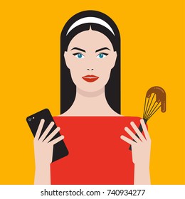 Flat style colorful vector illustration of beautiful young woman holding phone and whisk, concept for cooking at home, searching recipes, culinary blogging isolated on bright stylish background