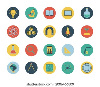 Flat style, colorful vector set of STEM education icons, for infographics, websites, mobile and print media. Educational icons set.