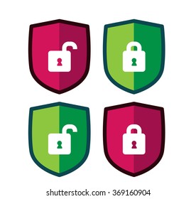 Flat Style Colour Vector Shields Set with icon of Lock on it