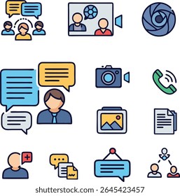 Flat Style Communication and Media Icon Set – Includes Chat, Video Calls, Camera, Documents, and People Interaction