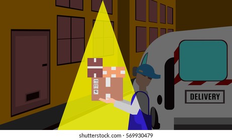 Flat style composition. Courier carries boxes illuminated by light. the background machine door. Vector illustration of fast delivery company.