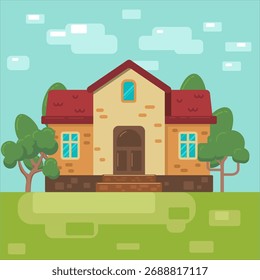Composición de estilo plano con casa, árboles, cielo, césped. Ilustración vectorial