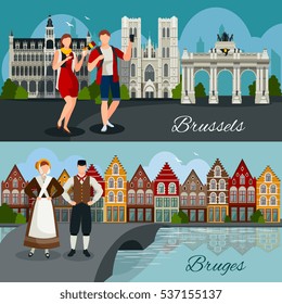 Flat style compositions with architecture of belgian cities tourists and residents in national clothing isolated vector illustration   