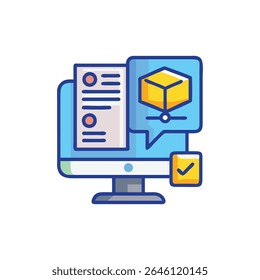 Tela plana do computador mostrando detalhes do design com um ícone de marca de seleção indicando conclusão.