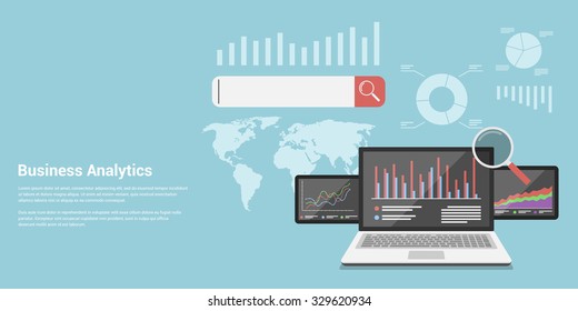 flat style concept banner of business analytics, analytical information search, market analysis, marketing and promotion