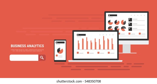flat style concept banner of business analytics, analytical information search, market analysis, marketing and promotion
